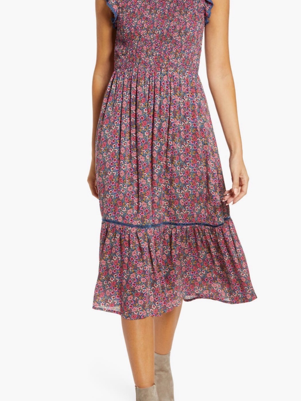 Lost + Wander Pink Multi Floral Smocked Midi Dress